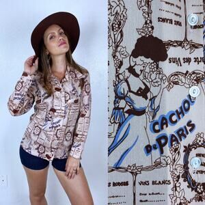 vintage 70s FRENCH CanCan Novelty Print DISCO TOP button up Moulin Rouge blouse